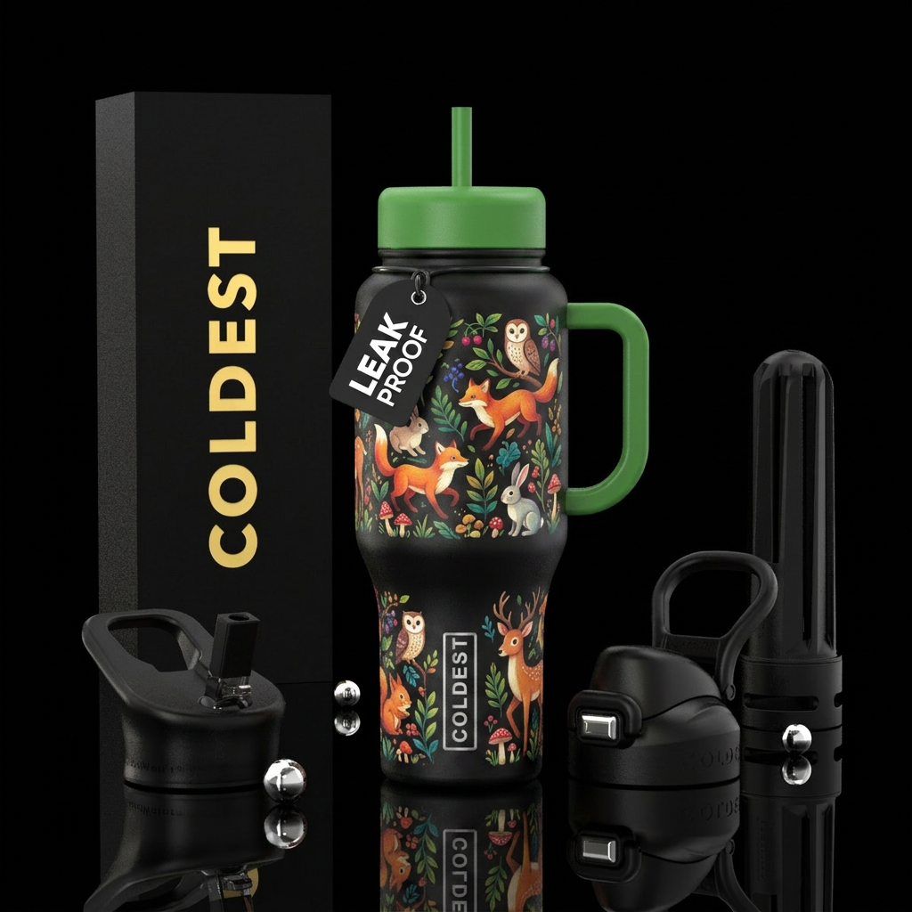 Frolicking woods creatures water bottle design