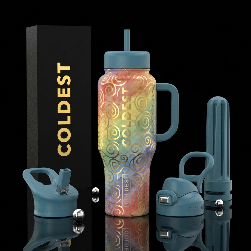 Gold swirls on a muted rainbow background water bottle design