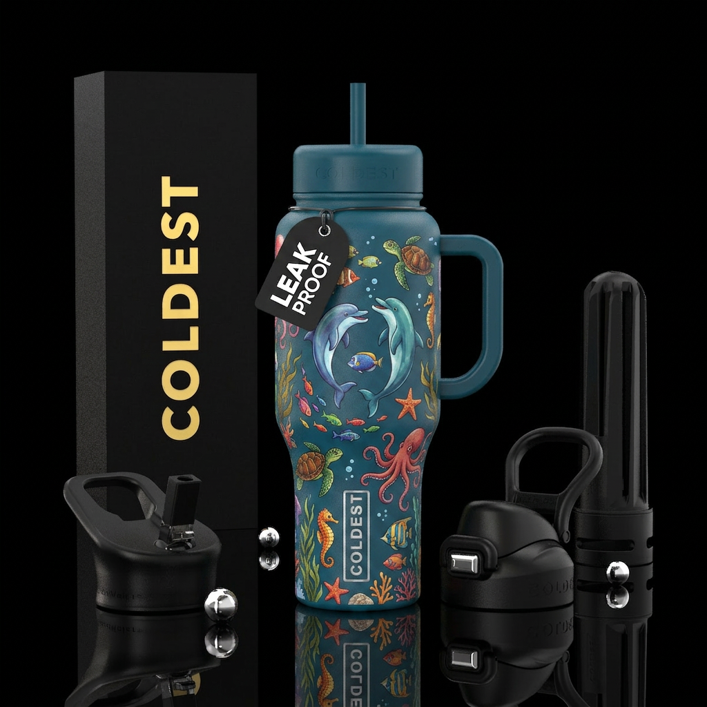 Frolicking sea creatures water bottle design