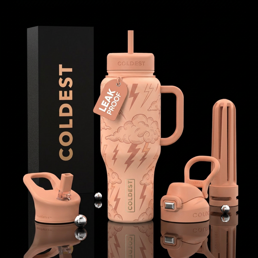 Muted peach thunder and lightning water bottle design