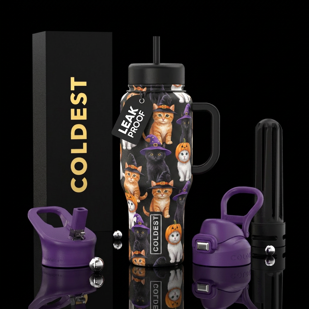 Orange kittens in black witch hats, black kittens ... water bottle design