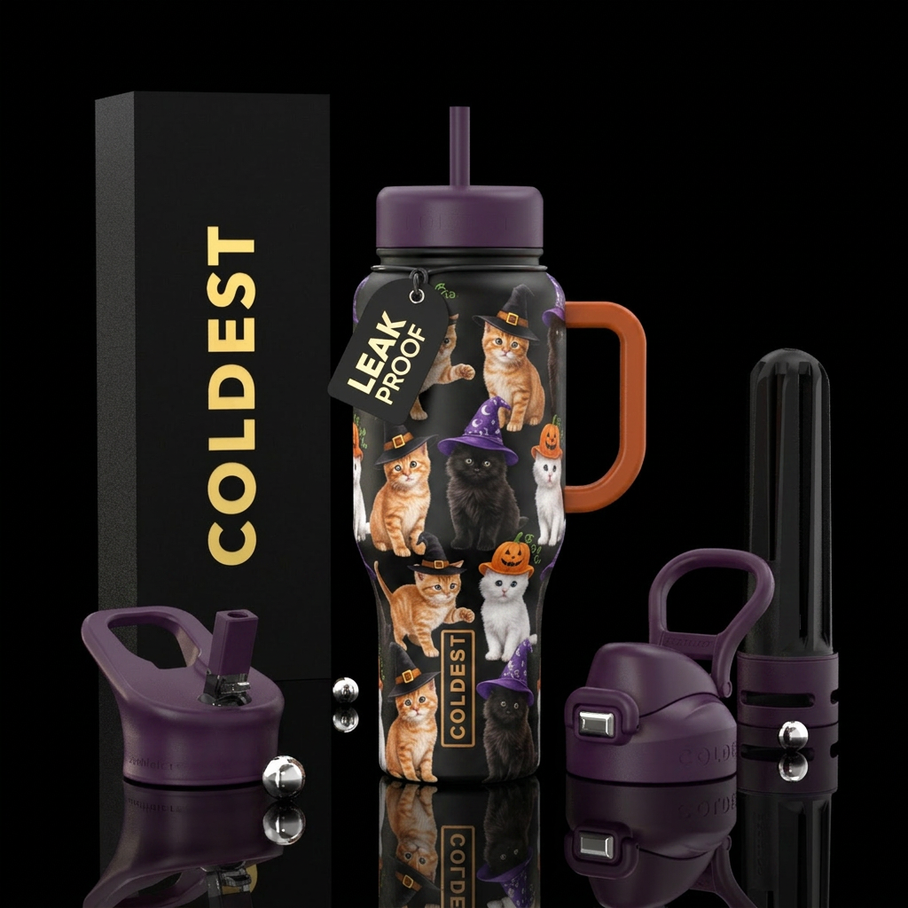 Orange kittens in black witch hats, black kittens ... water bottle design