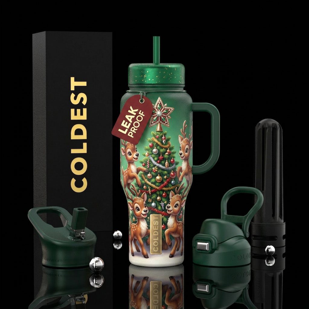 baby reindeers dancing ariund a Christmas tree water bottle design