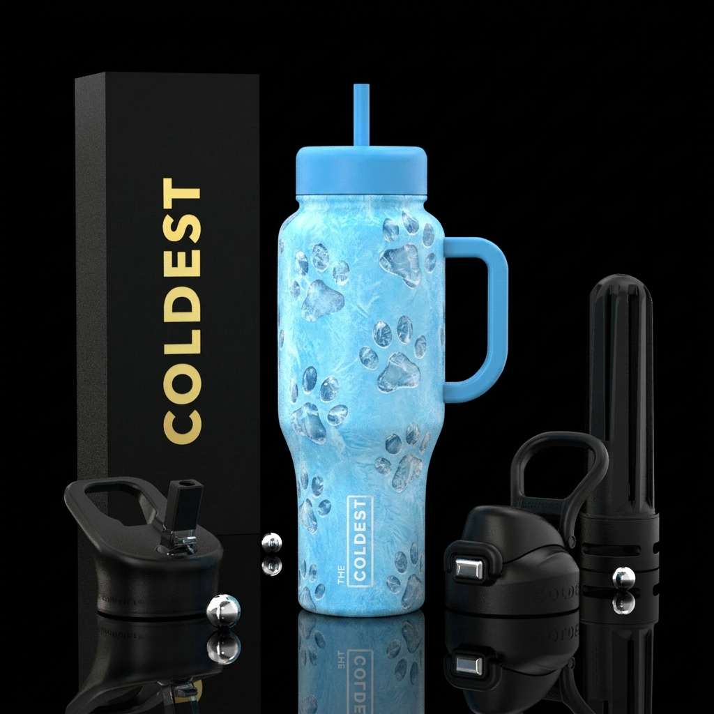 Light blue background with icy pet paws water bottle design
