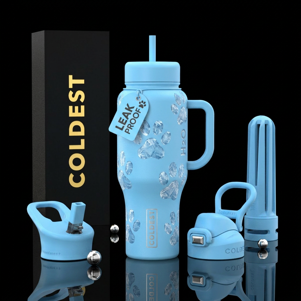 Light blue background with icy pet paws water bottle design