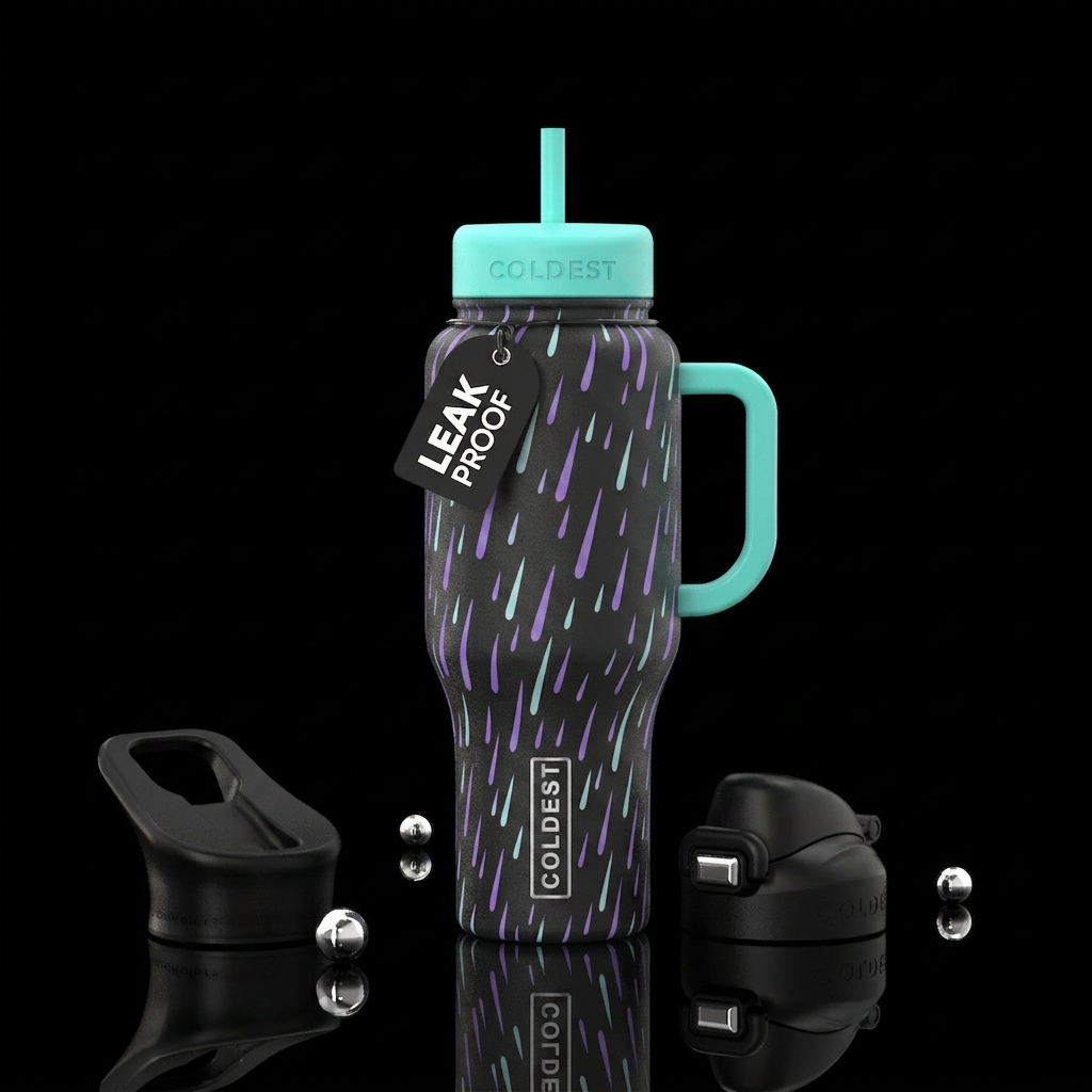 Purple and soft teal rain water bottle design