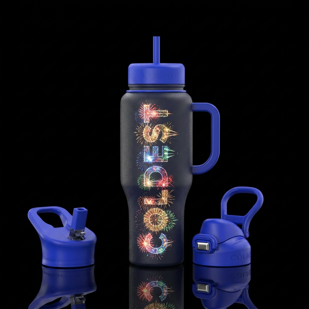 Coldest spelled out in fireworks water bottle design