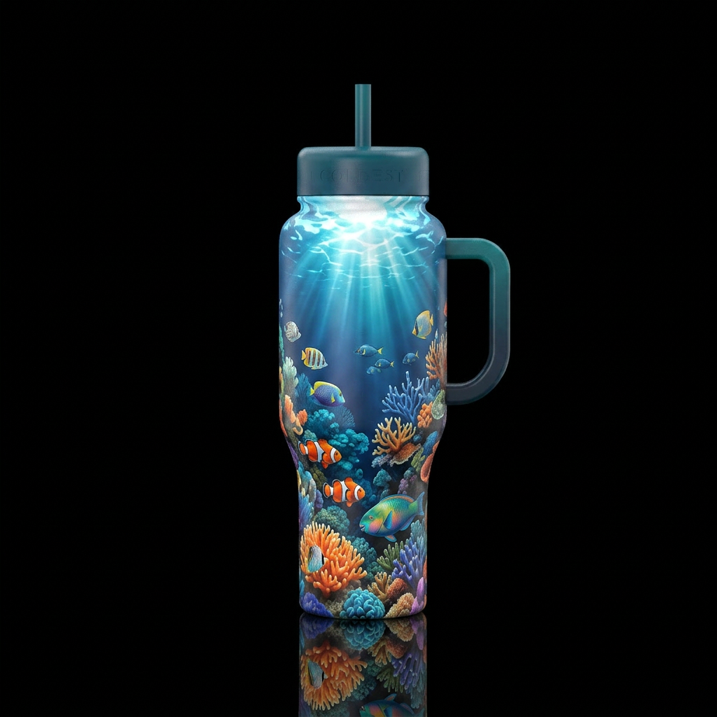 Under the ocean coral reef with sun shining throug... water bottle design