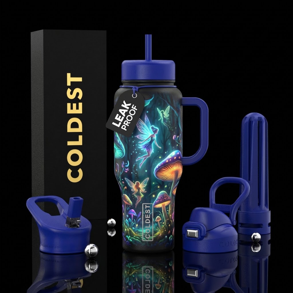 Glow whimsical fairy with mushrooms water bottle design