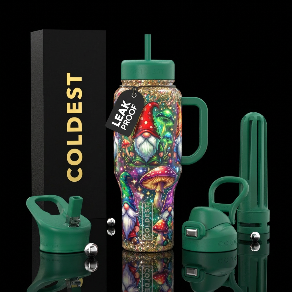 Mushroom gnome with sparkles water bottle design