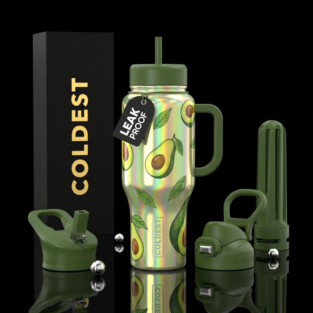 Avocado holo water bottle design