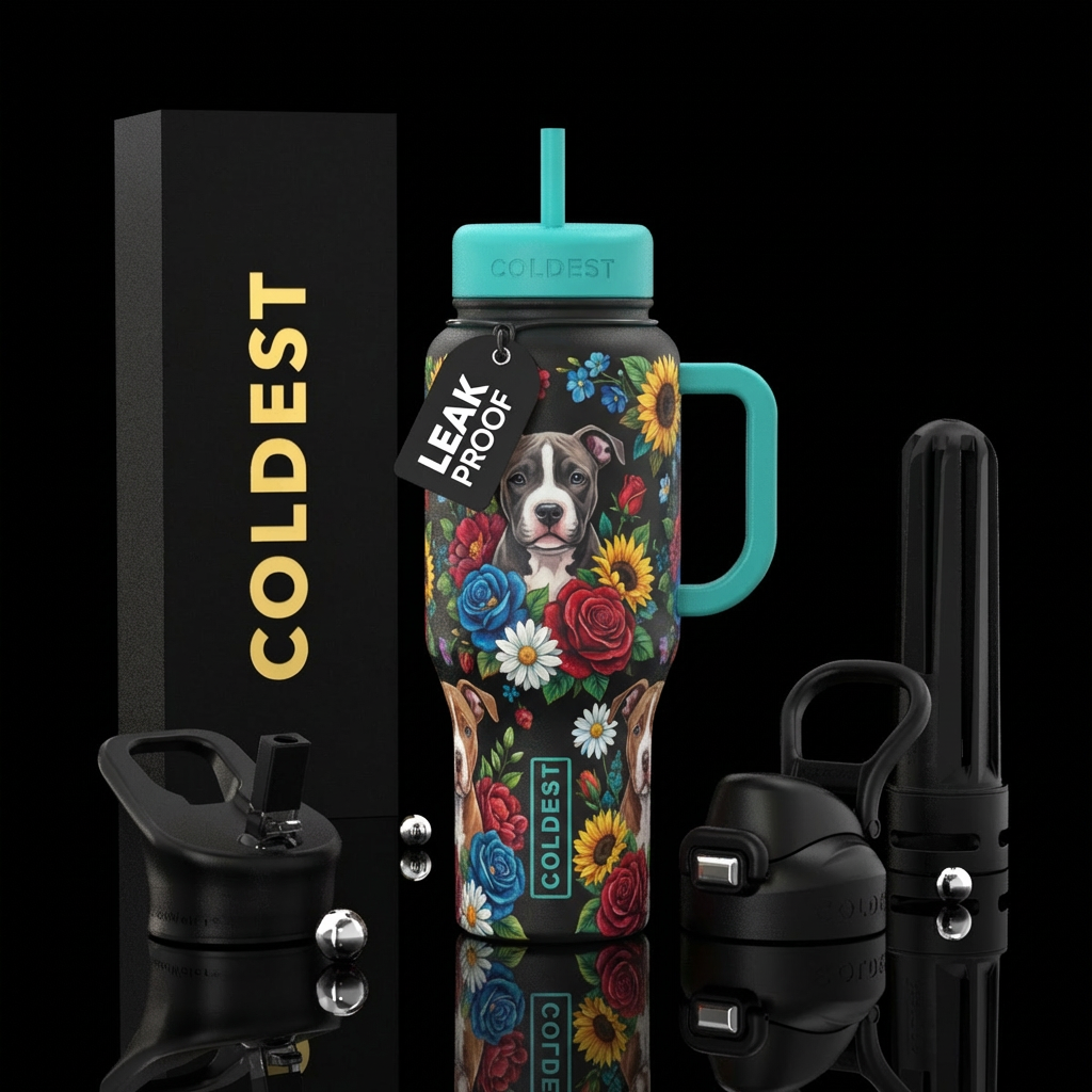 Pitbull puppy and flowers water bottle design
