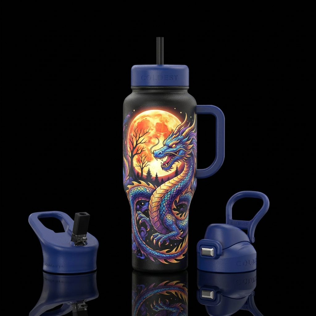 whimsical, harvest moon, dragon water bottle design