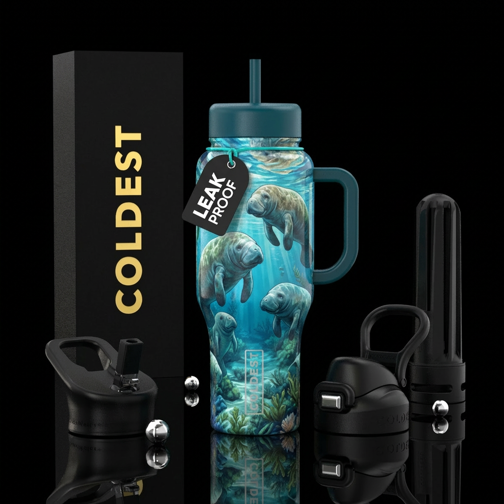 Manatees swimming in a crystal clear river water bottle design