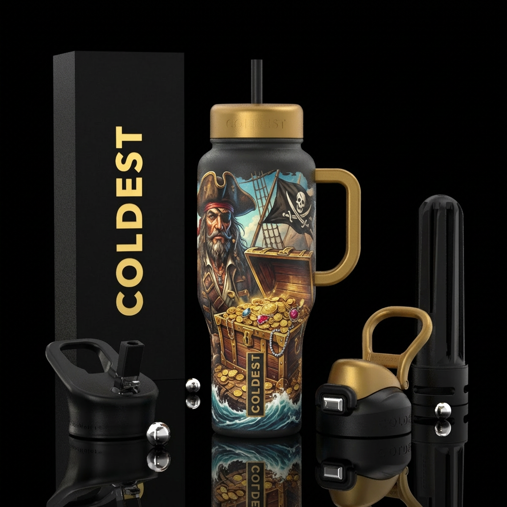 Pirates and a large chest of gold water bottle design