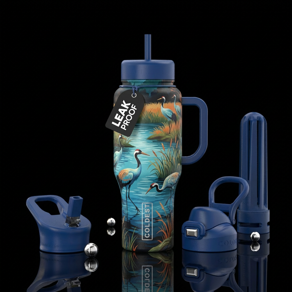 Cranes walking near River with Reeds and tall gras... water bottle design