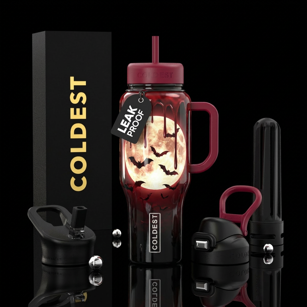 Bats flying in front of a full moon with drips of ... water bottle design