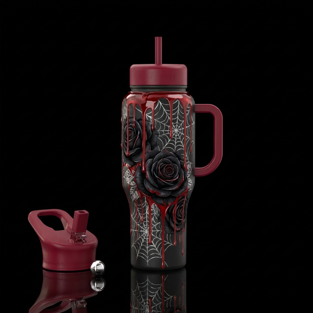 Black roses and tangled with spiderwebs and blood ... water bottle design