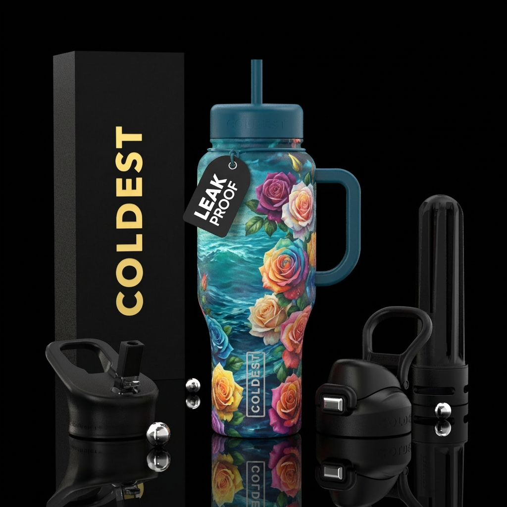 Multicolored roses with ocean background water bottle design