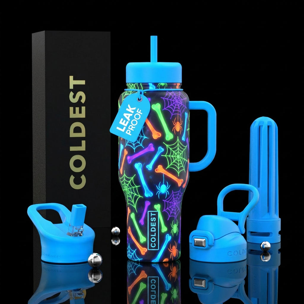 Chloe neon bones, spiderwebs, and spiders water bottle design