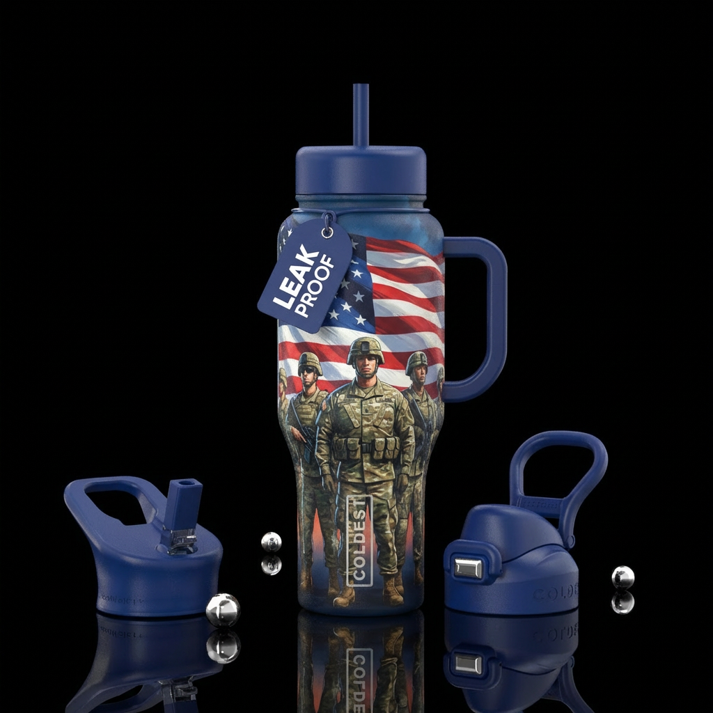 Soldiers standing in front of the American flag water bottle design
