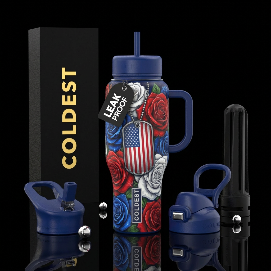 Red white and blue roses surrounding a dog tag wit... water bottle design