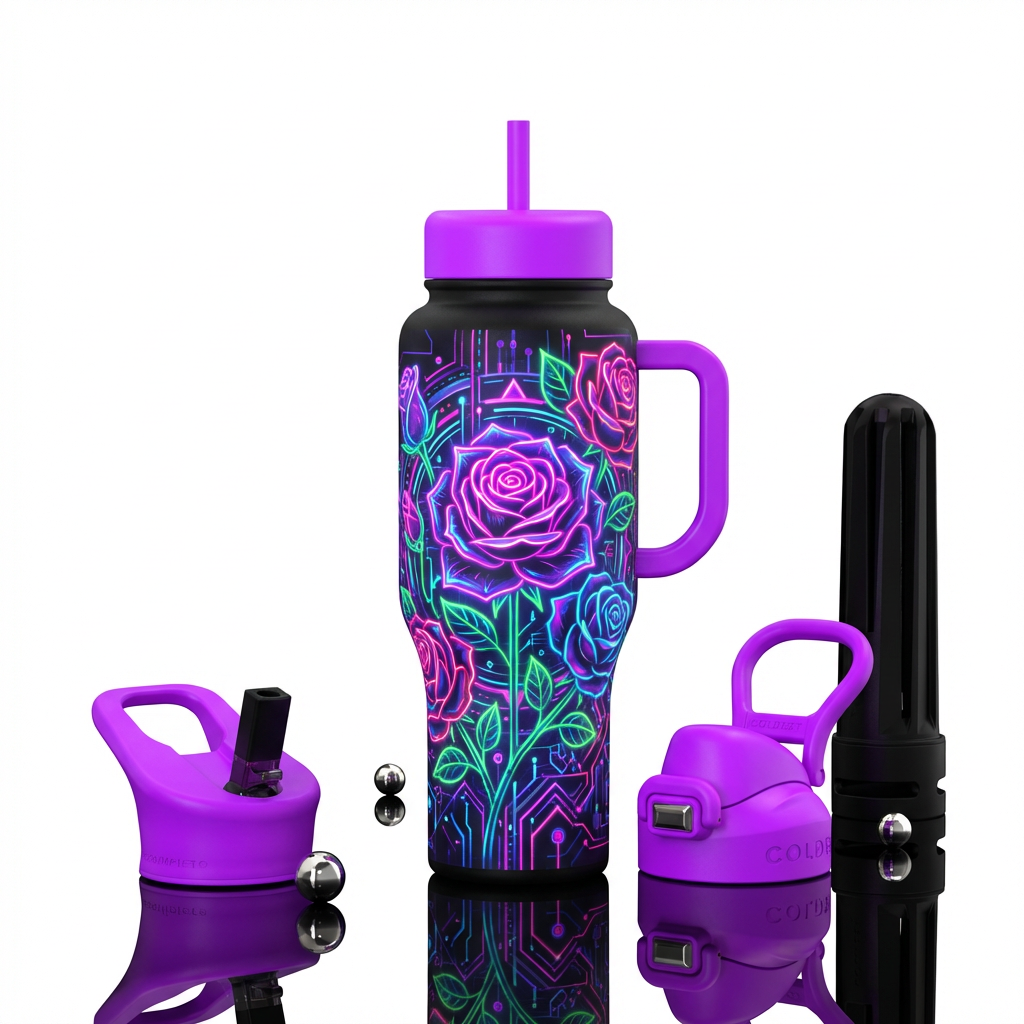Neon roses with a futuristic background water bottle design