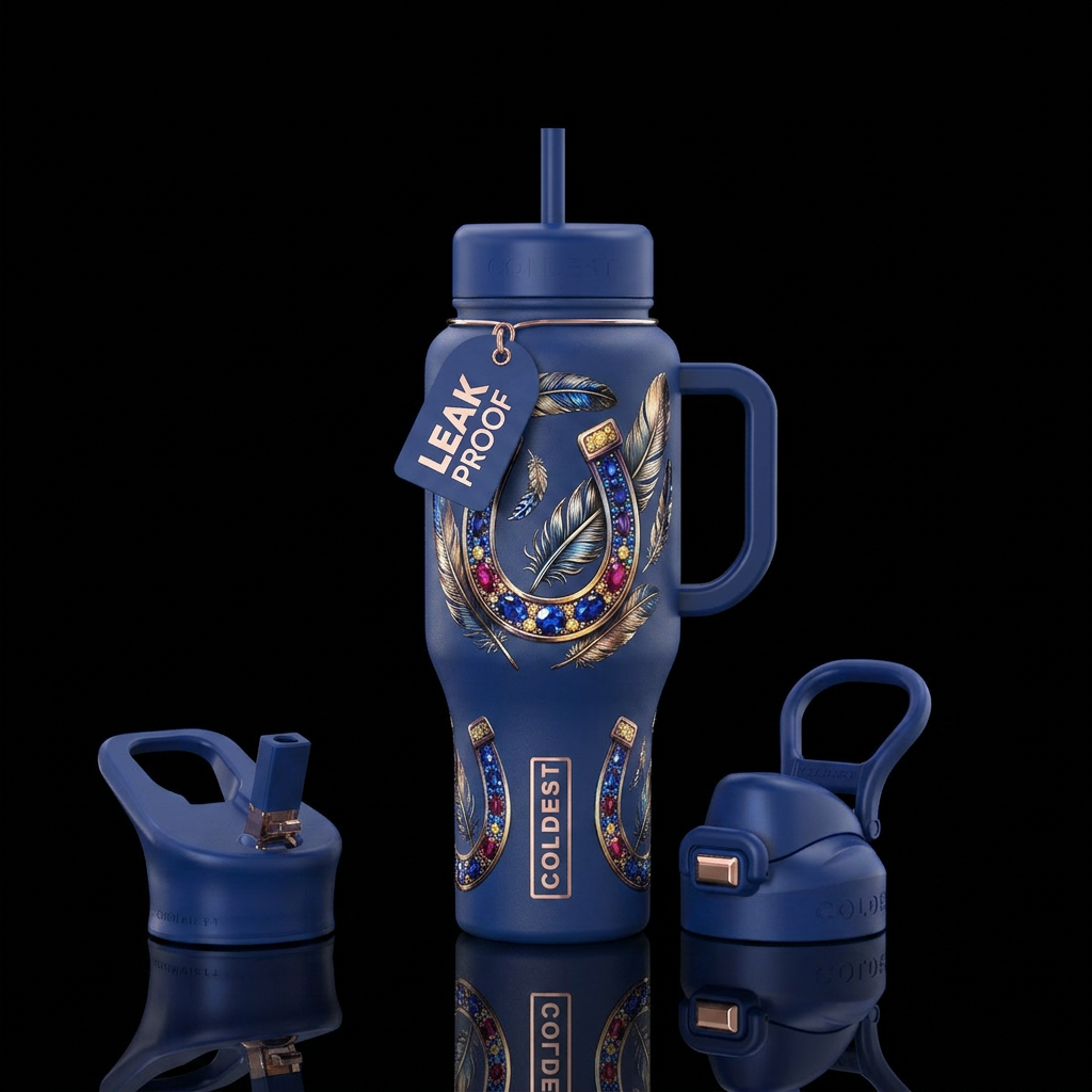 Horseshoe with gems and feathers scattered around water bottle design