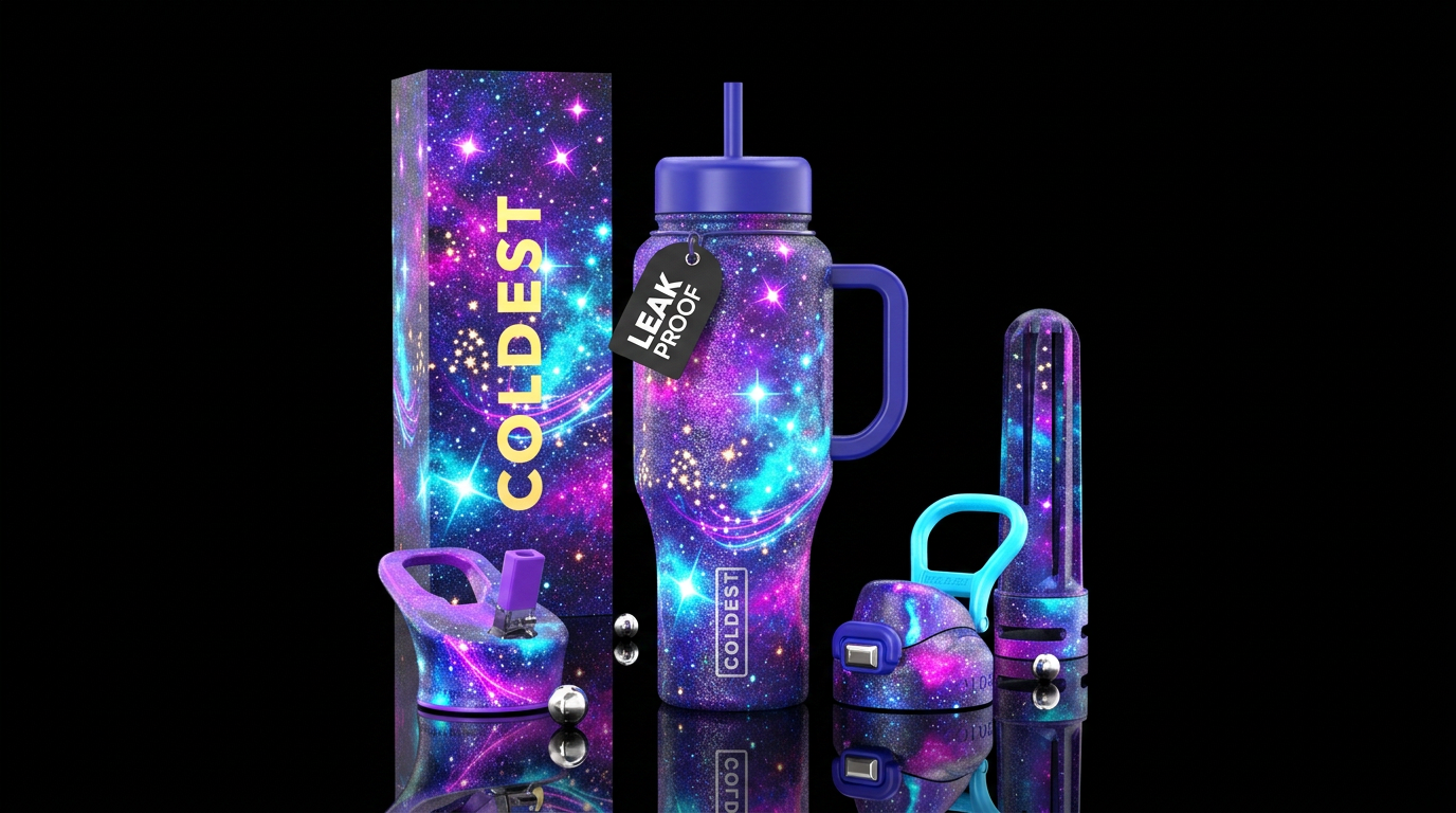 Sparkly neon galaxy with glowing stars water bottle design
