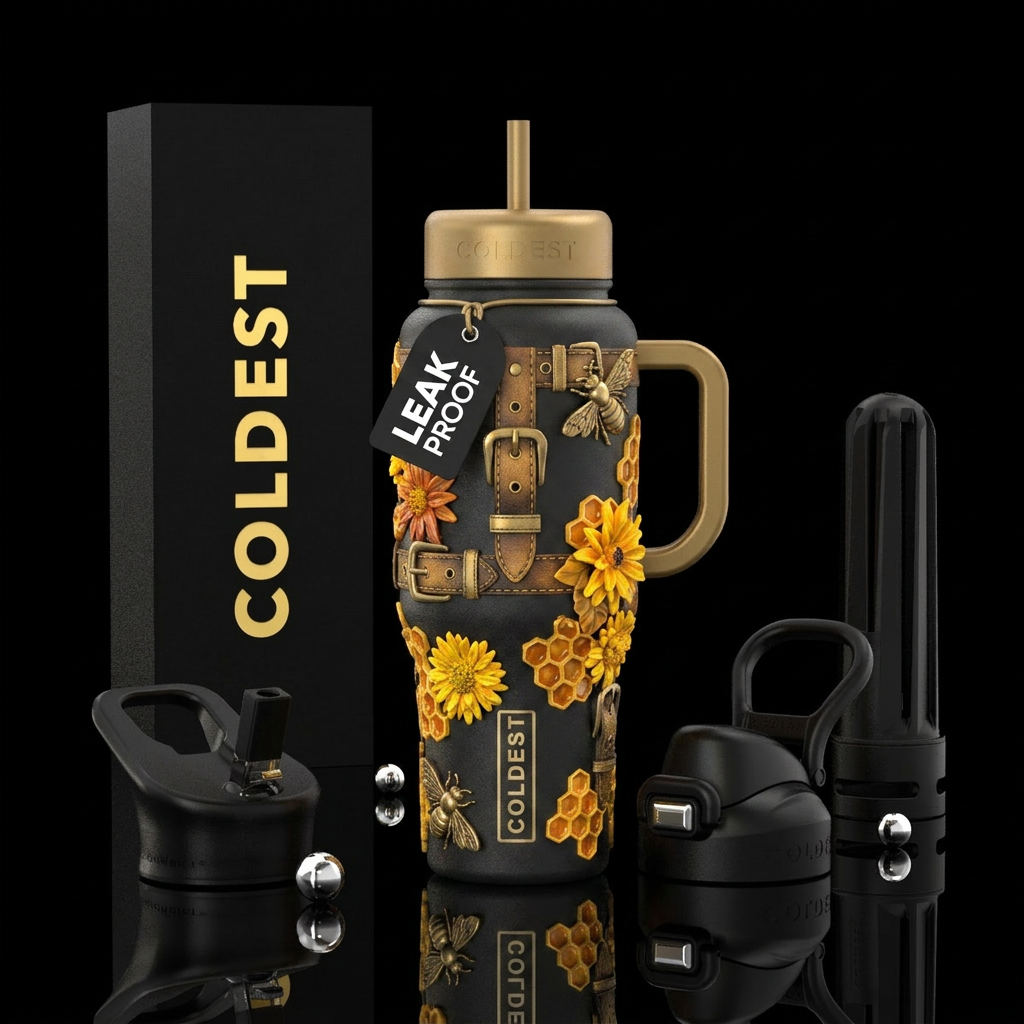 black bottle with honey buckle vibes and blooms water bottle design