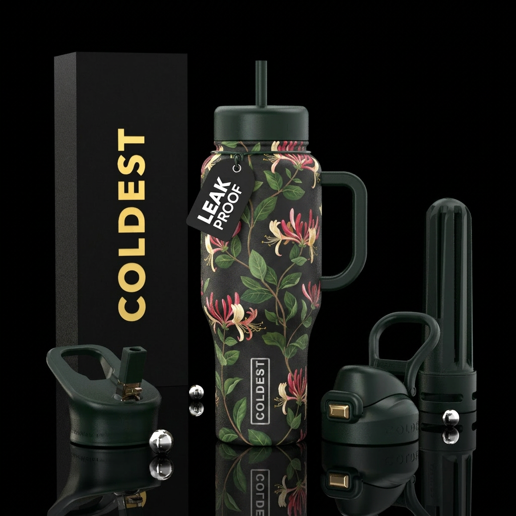 black bottle with honeysuckle vines and blooms water bottle design