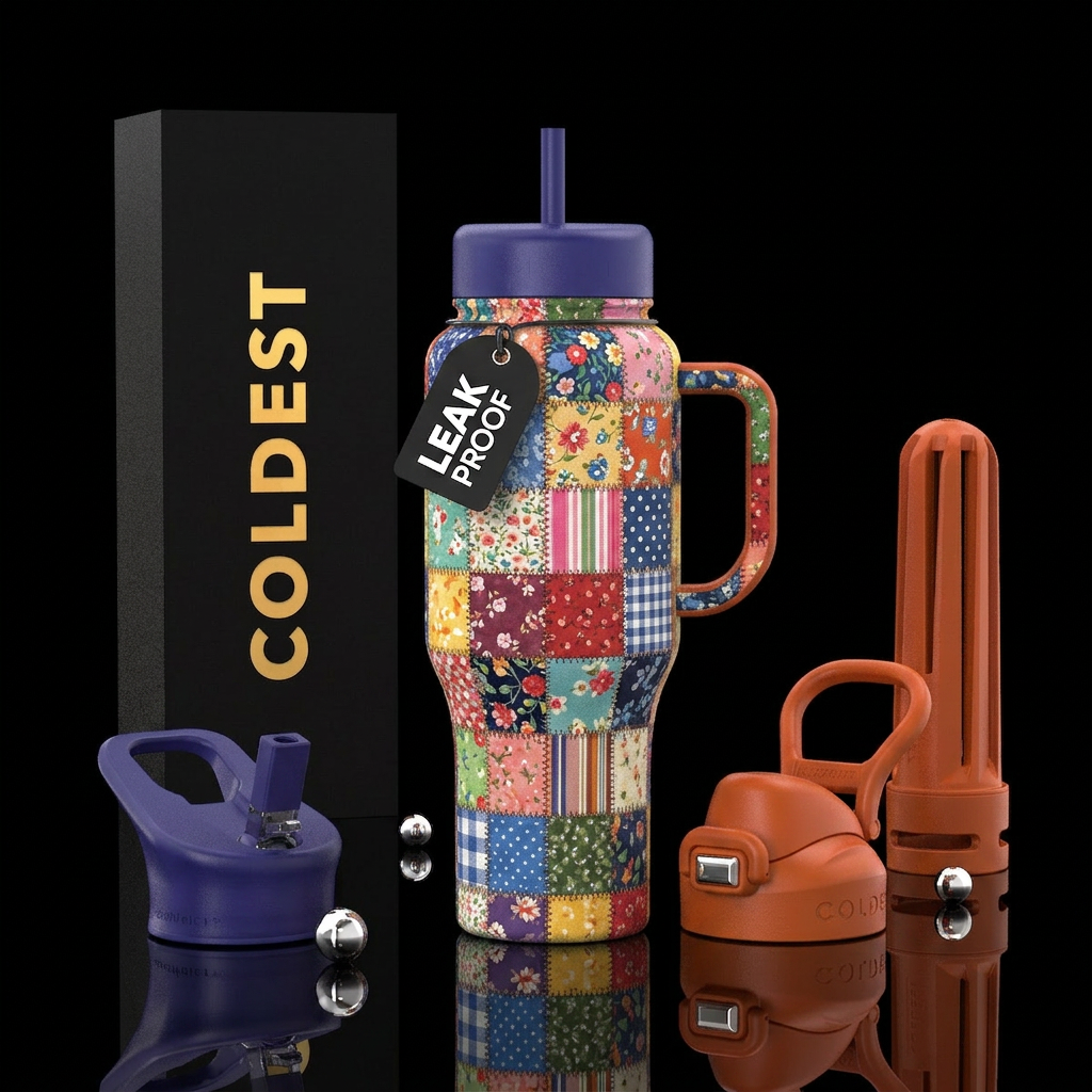 Patchwork quilt water bottle design