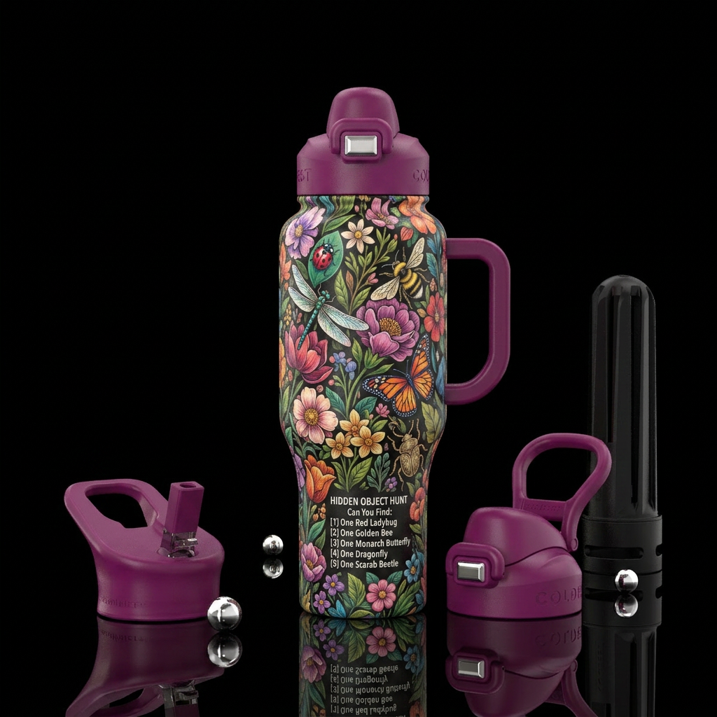Floral themed with insects hidden throughout with ... water bottle design
