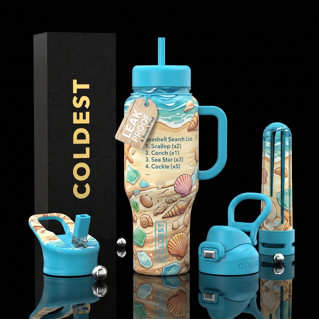 Beach theme with seashells hidden throughout with ... water bottle design