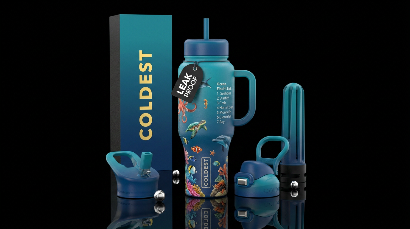 ocean themed with animals hidden throughout with s... water bottle design