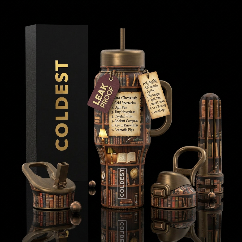 Library themed with objects hidden throughout with... water bottle design