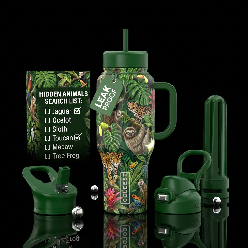 Rainforest themed with animals hidden throughout w... water bottle design