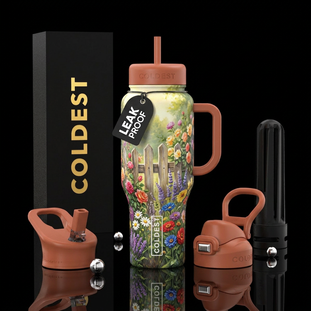 Fence lined with flowers water bottle design