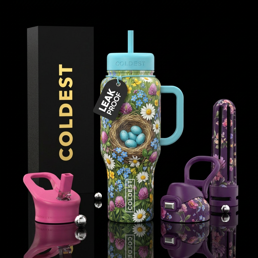 Nest of Robin eggs in field of flowers water bottle design