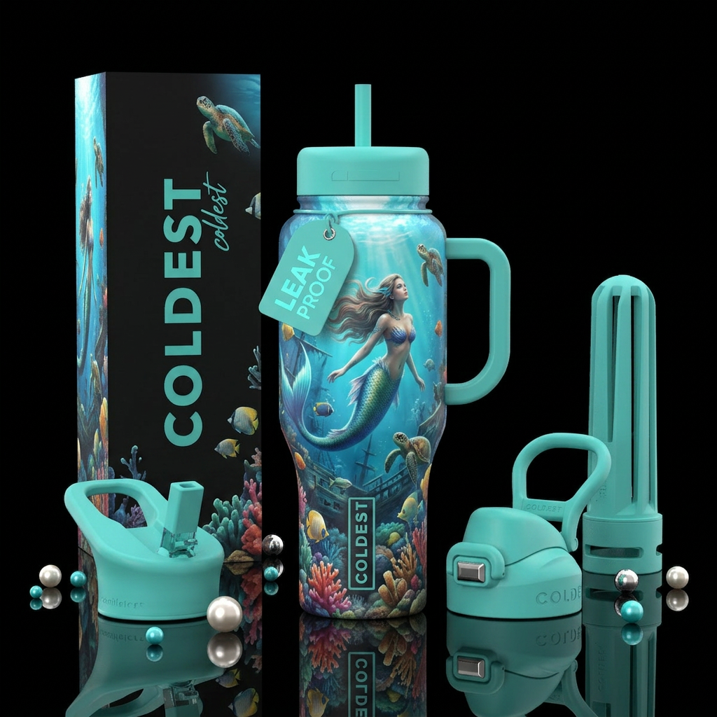 under the sea mermaid scene water bottle design