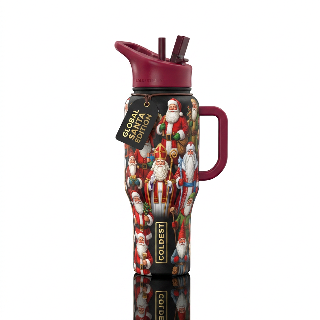 Santas from around the world water bottle design