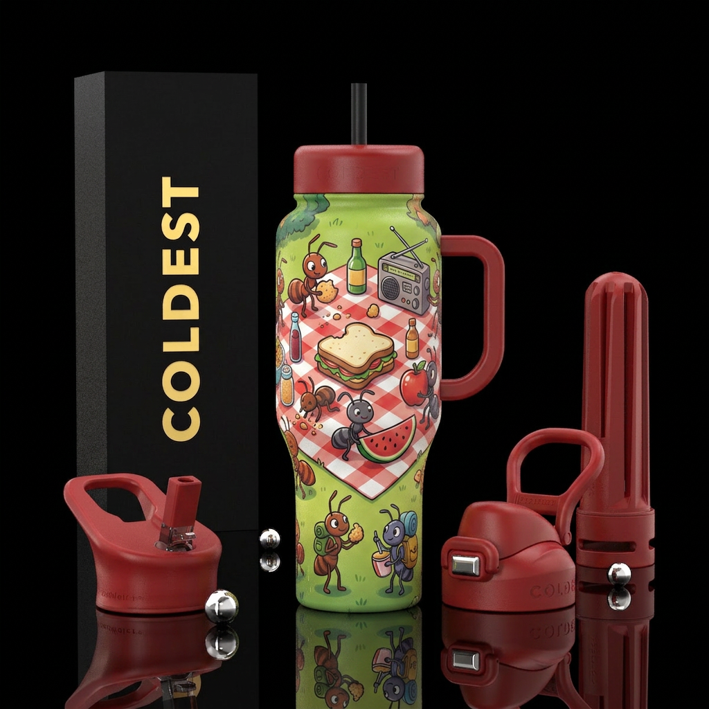 Cartoon ants at a picnic water bottle design