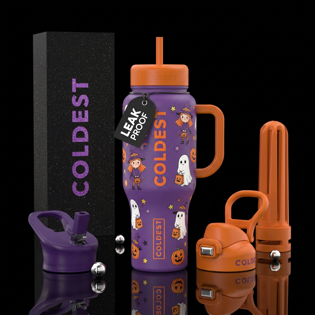 Cute witches and ghosts with trick or treat bags water bottle design