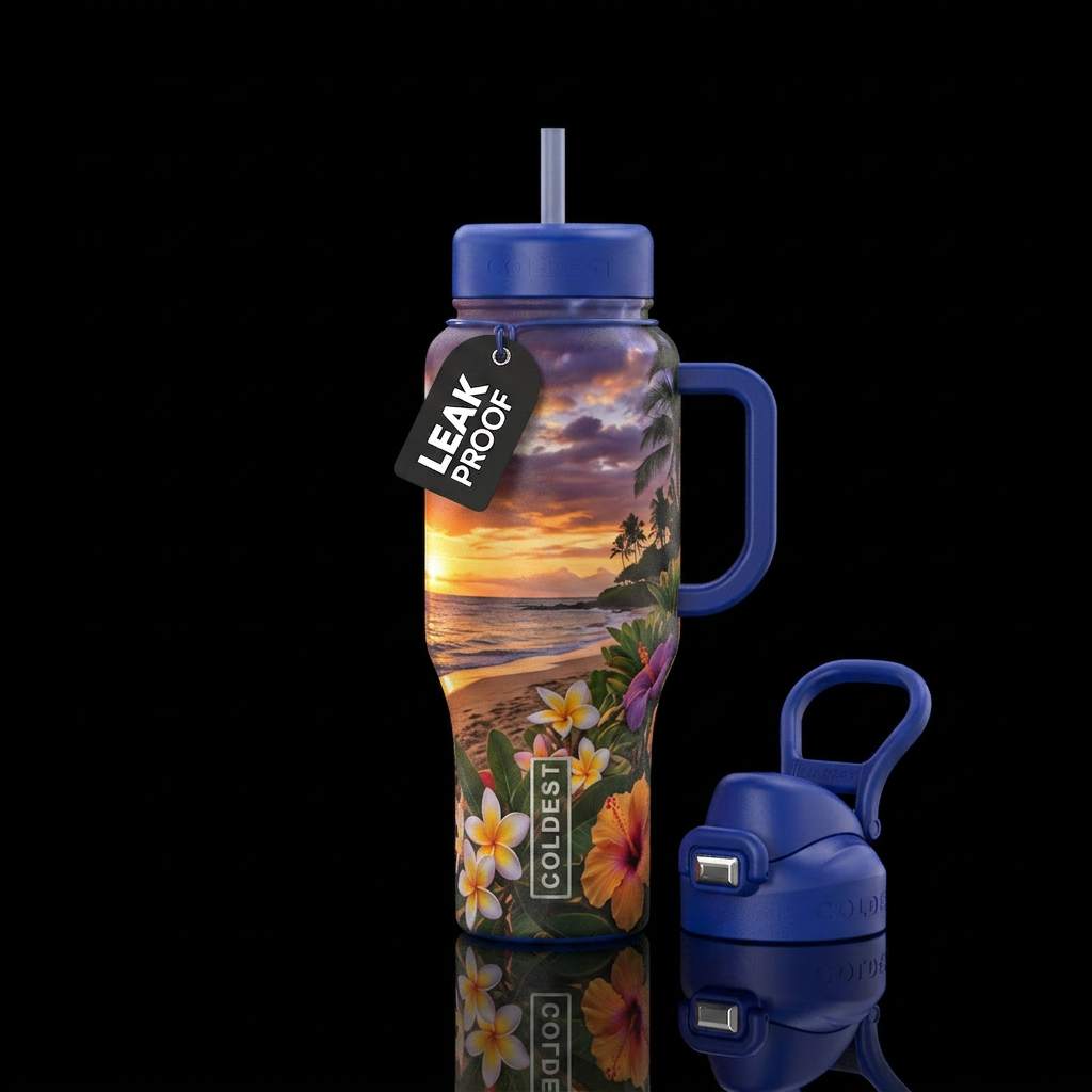 Hawaiian sunset with beach and flowers water bottle design
