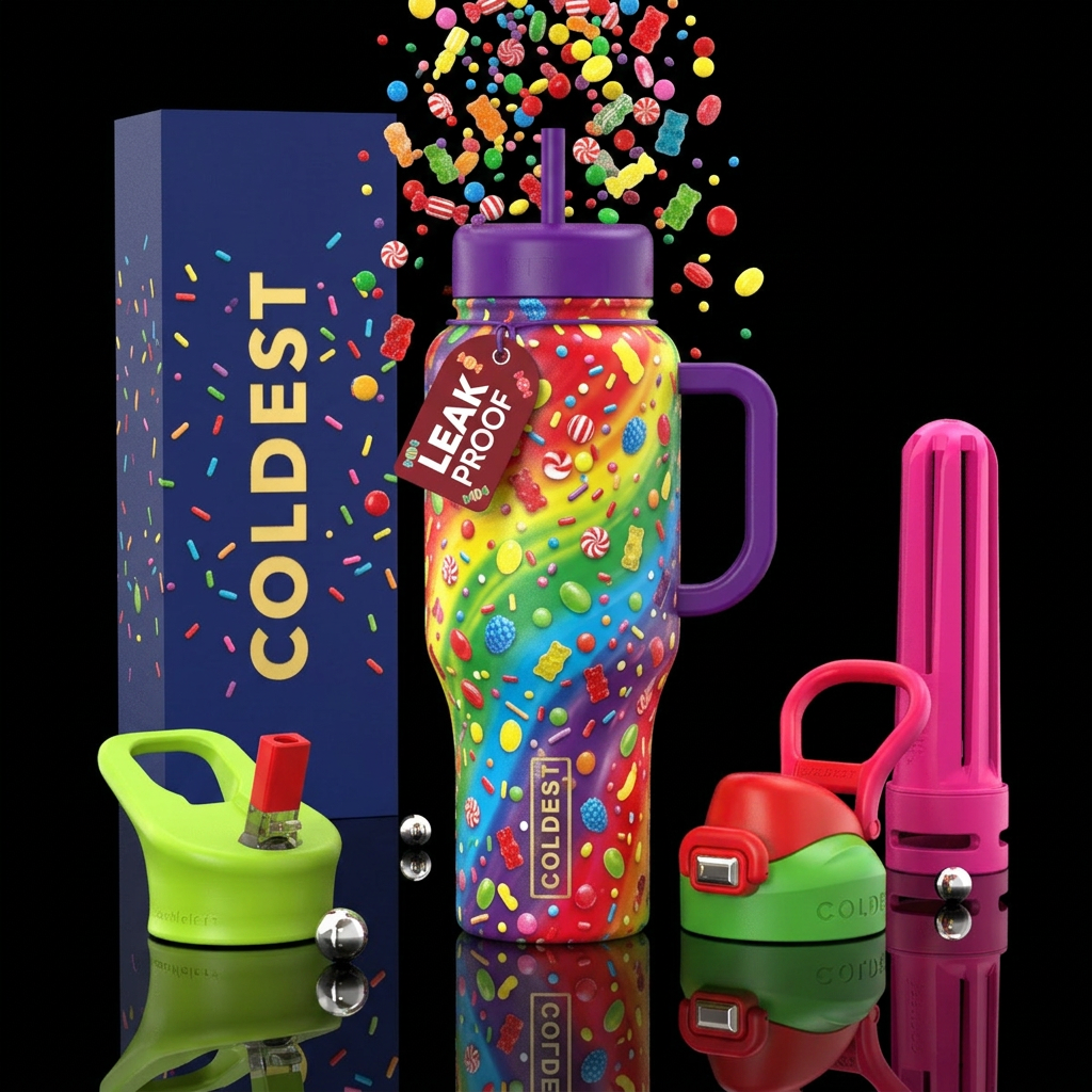 candy falling from the sky like raindrops water bottle design