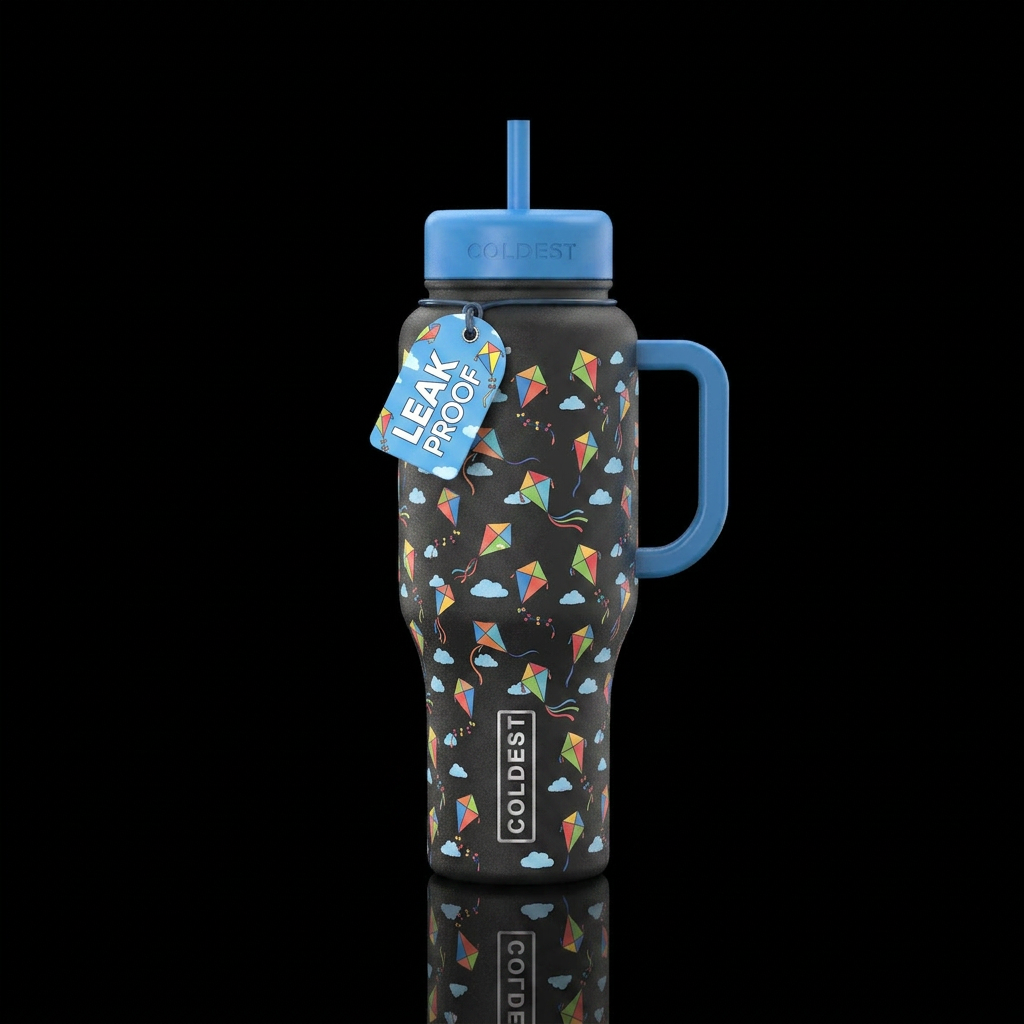 Cute kites all over water bottle design