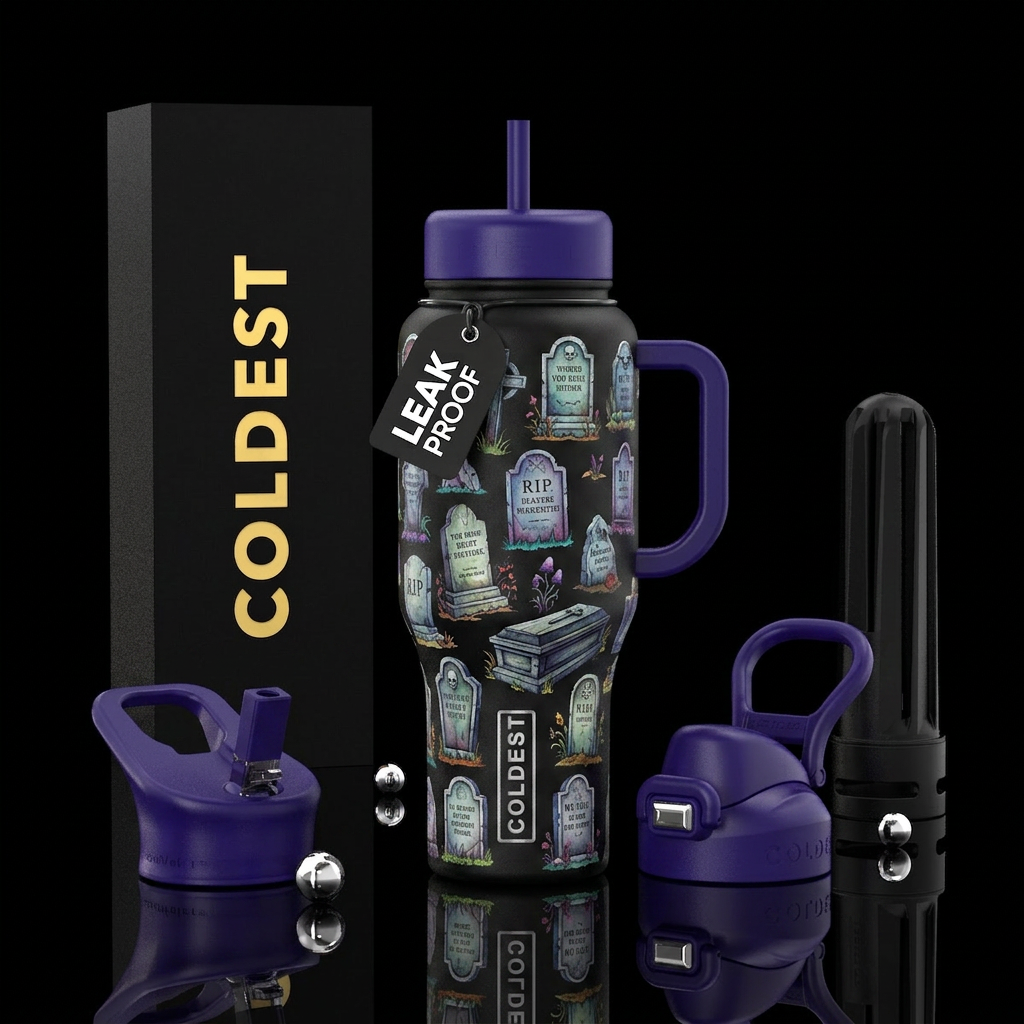 Halloween tombstones all over water bottle design