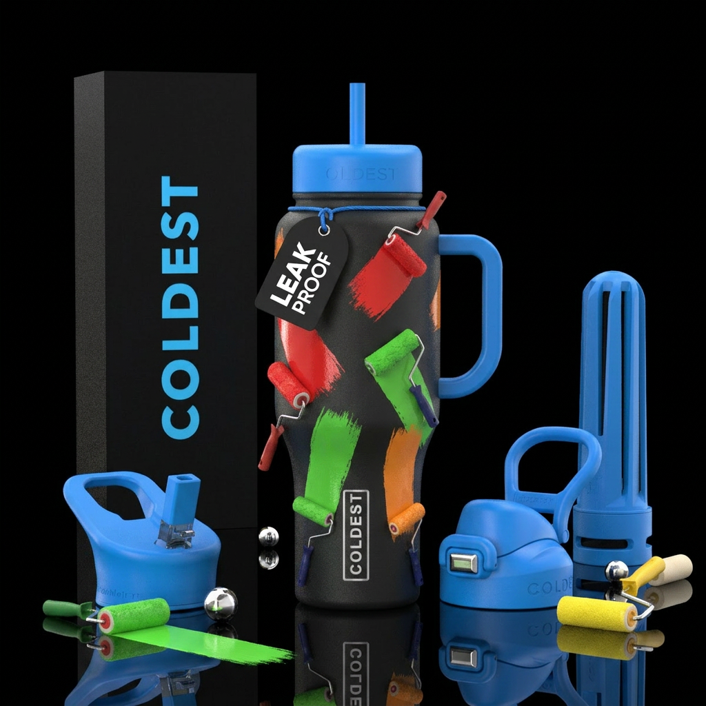 Paint rollers painting the bottle different colors water bottle design