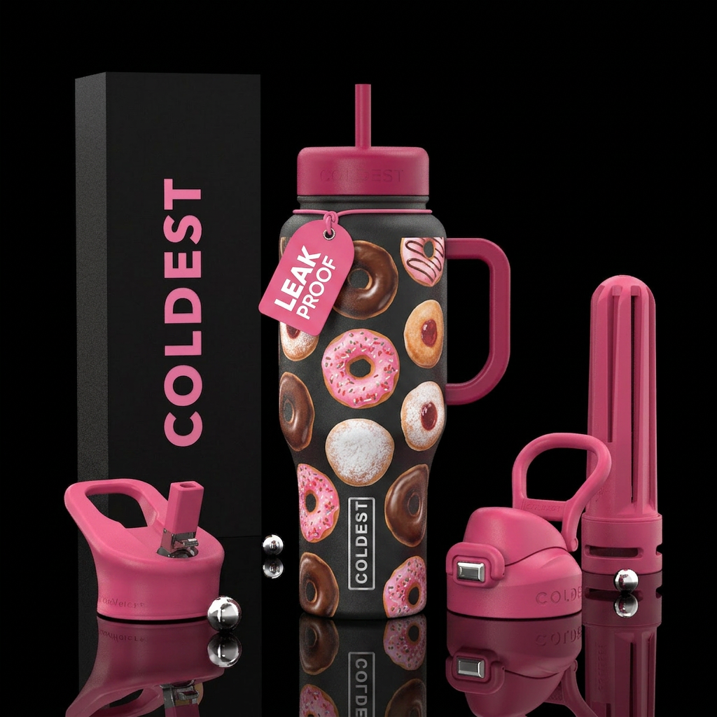 different flavor doughnuts all over water bottle design