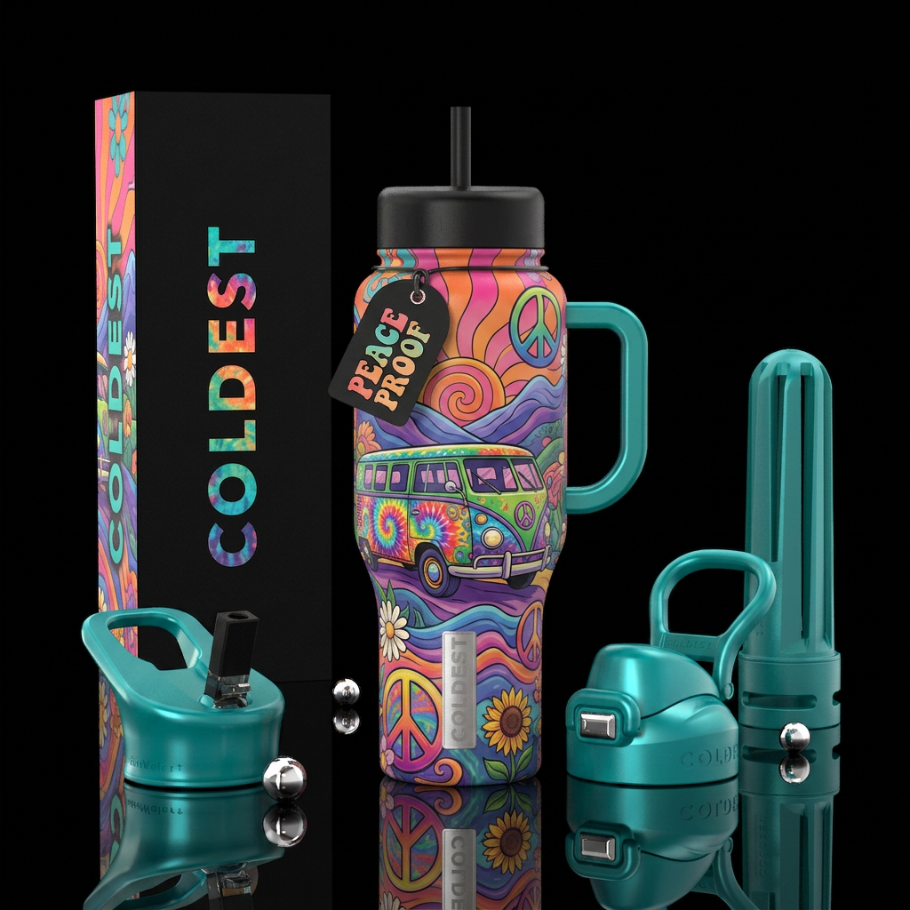 Groovy peace scene including groovy peace van water bottle design
